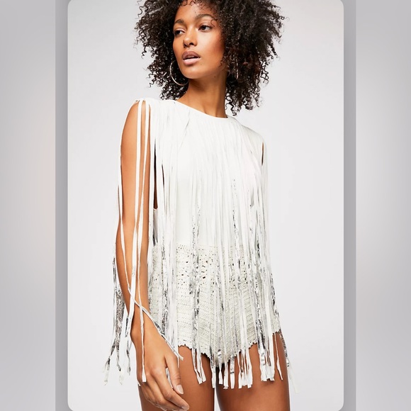 Free People Electric Crochet White Romper Boho Suede/Leather Fringe Medium - Picture 1 of 16
